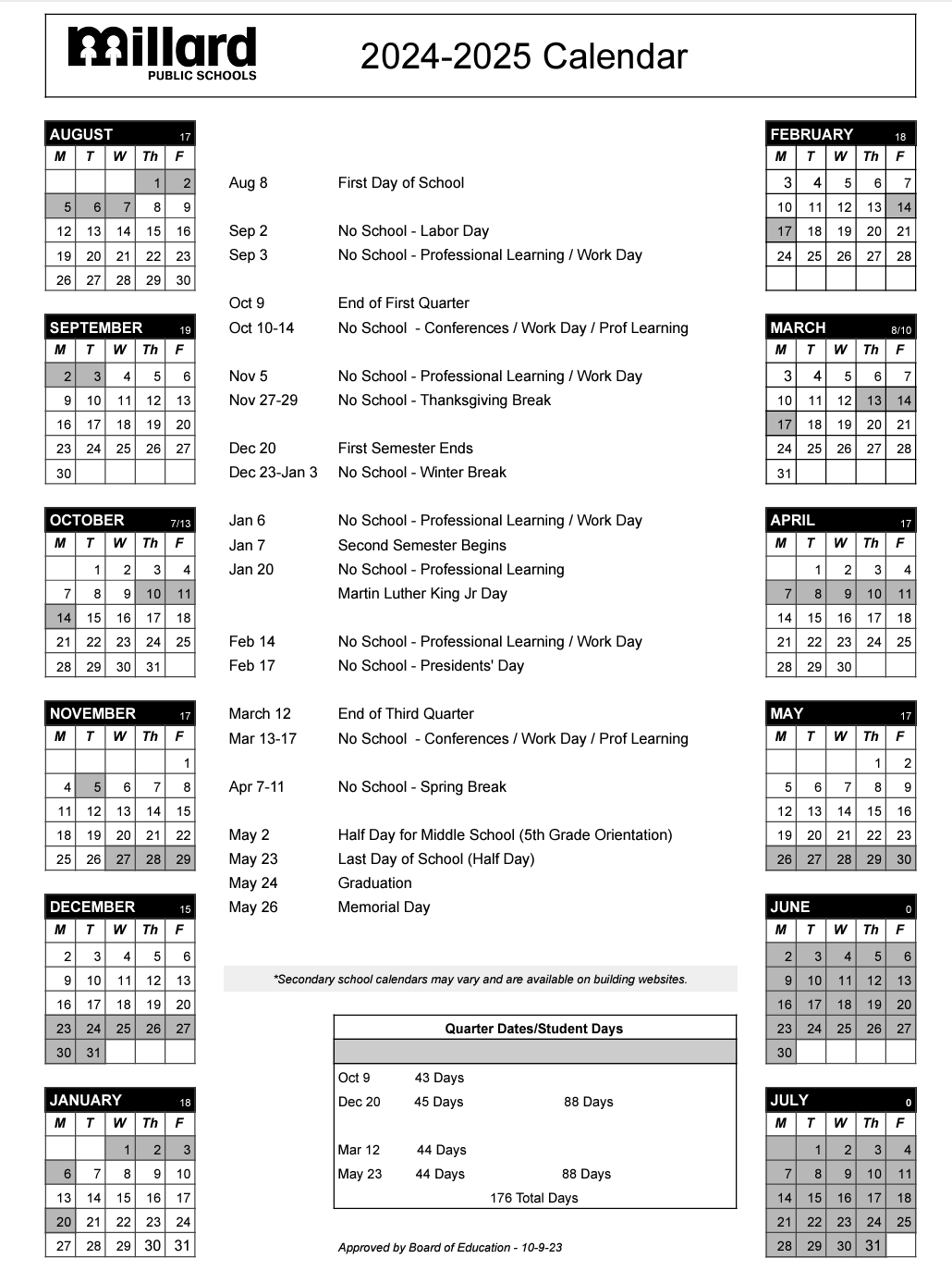 202425 Student Calendar Cather Elementary School Millard Public